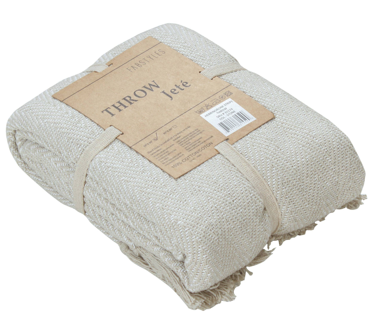 Fabstyles Herringbone Stripe Cotton Throw Blanket Fringes: Black / 50x60