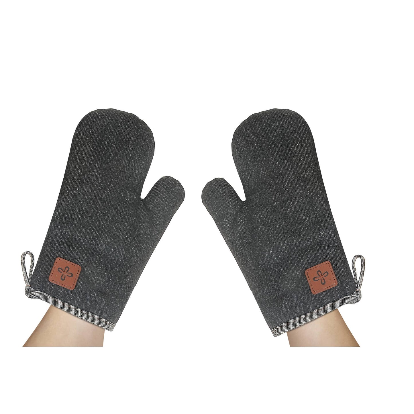 2 Pc Black Denim Oven Mitt With Leather Badge 13": Black