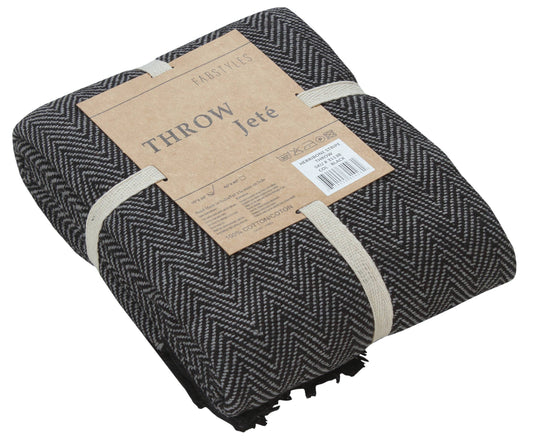 Fabstyles Herringbone Stripe Cotton Throw Blanket Fringes: Black / 50x60