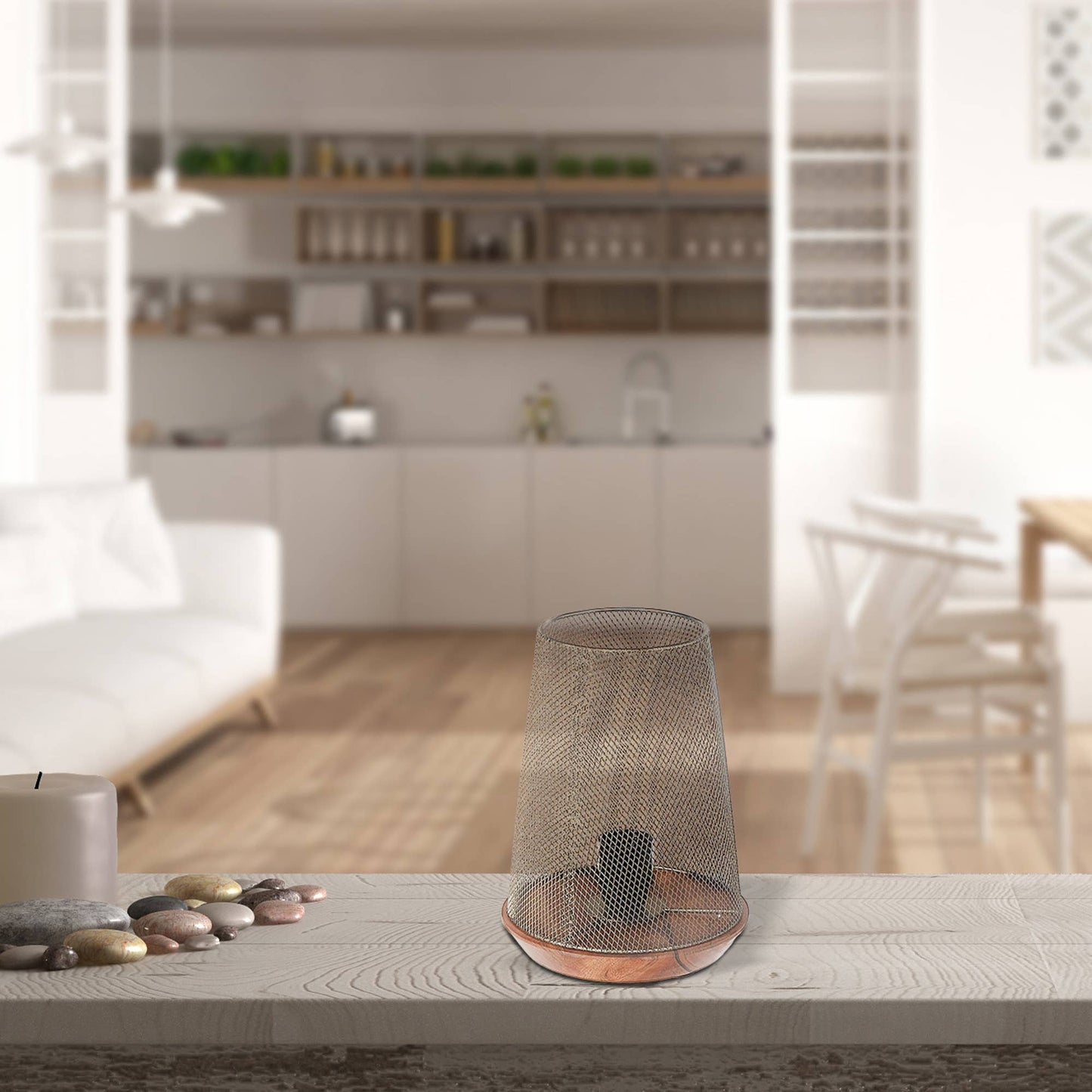 Iron Wire Uplight With Wood Base: Gold