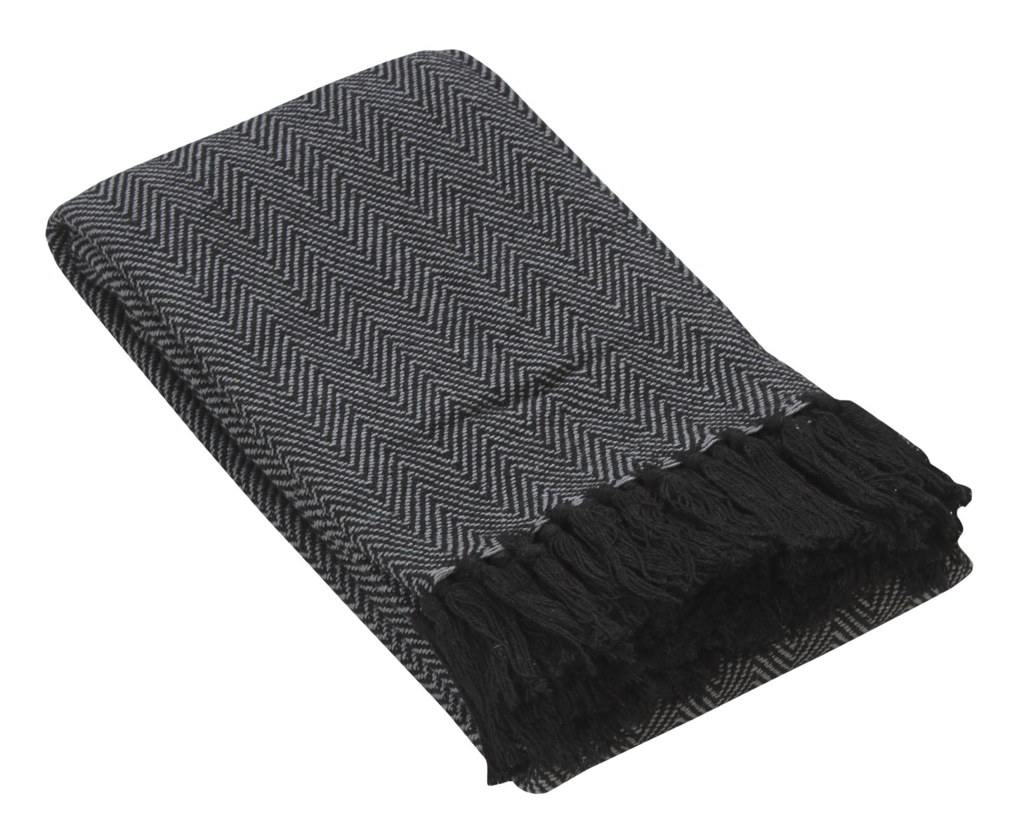 Fabstyles Herringbone Stripe Cotton Throw Blanket Fringes: Black / 50x60