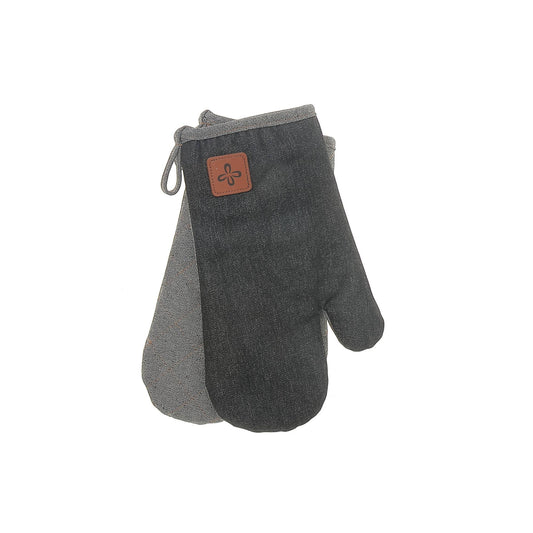 2 Pc Black Denim Oven Mitt With Leather Badge 13": Black