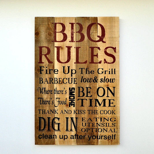BBQ Rules Fire Grills Wooden Sign - 24*16 In: 24*16 in