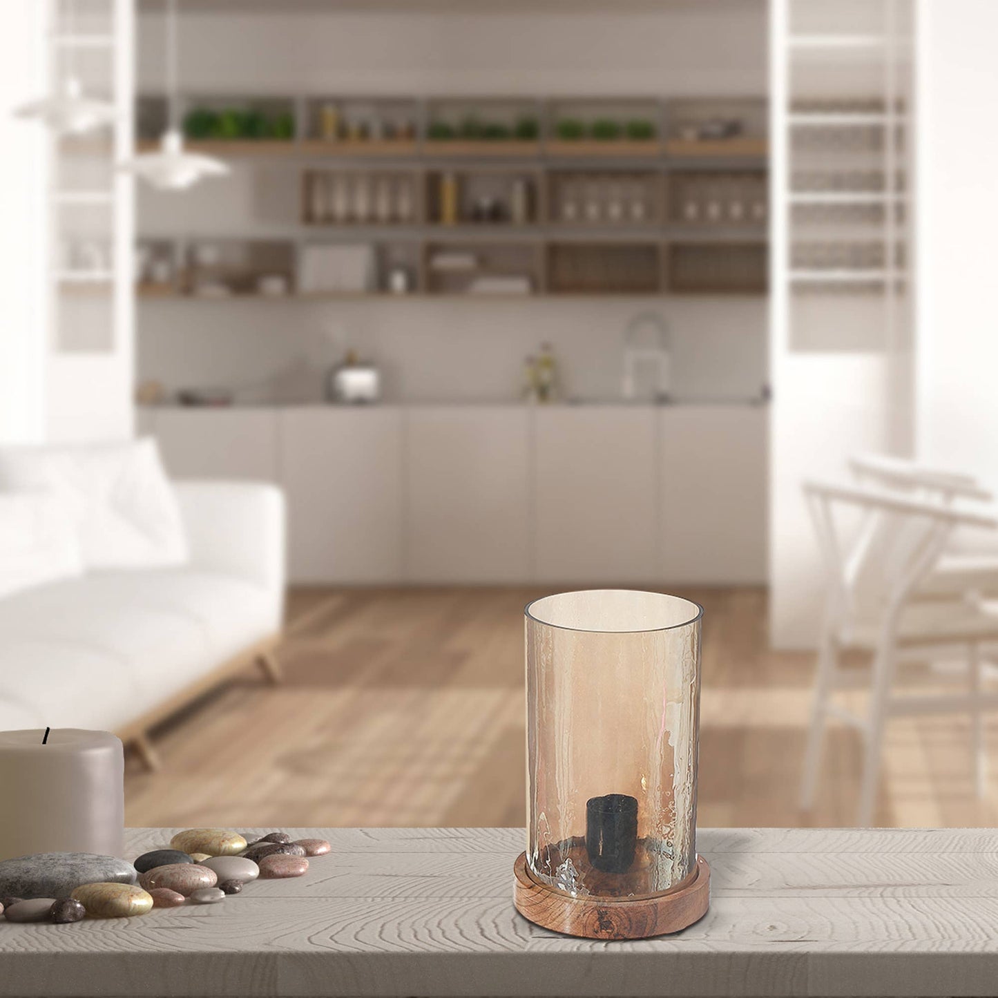 Smoke Luster Hammered Glass Uplight With Wood Base: Amber